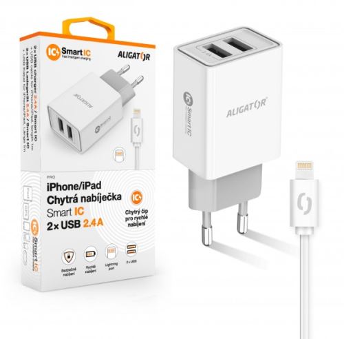 ALIGATOR Chytrá síťová nabíječka 2,4A, 2xUSB, smart IC, bílá, USB kabel pro iPhone/iPad