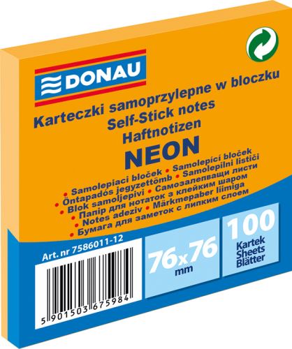 DONAU samolepicí bloček, 76 x 76 mm, 100 listů, neonově oranž.