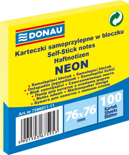 DONAU samolepicí bloček, 76 x 76 mm, 100 listů, neonově žlutý