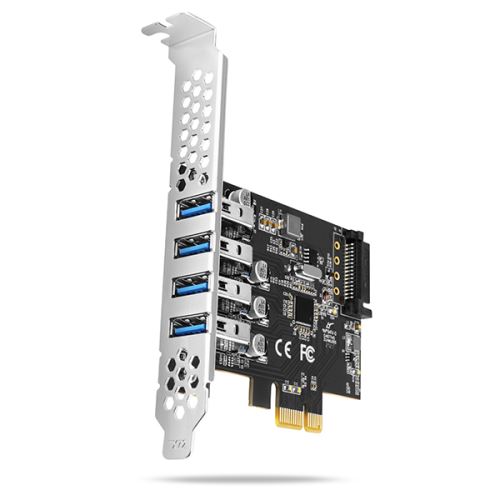 AXAGON PCEU-43RS, PCIe řadič, 4x USB 3.2 Gen 1 port, 5 Gbps, napájení z PCIe nebo SATA, SP