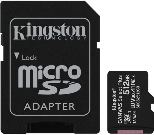 Kingston Canvas Select Plus A1/micro SDXC/512GB/100MBps/UHS-I U1 / Class 10/+ Adaptér
