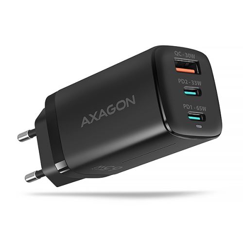 AXAGON ACU-DPQ65, GaN nabíječka do sítě 65W, 3x port (USB-A + dual USB-C), PD3.0/QC4+/PPS/