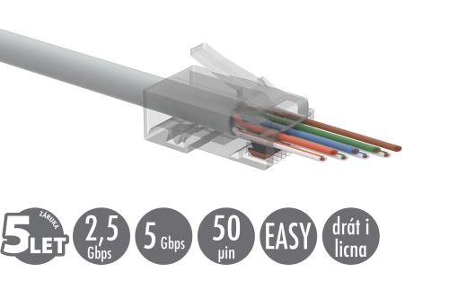 Univerzální EASY konektor RJ45 CAT6 UTP 8p8c na drát i licnu, 100ks