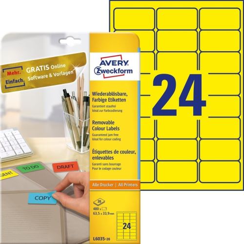 Etikety žluté, 63,5 x 33,9 mm, snímatelné AVERY Zweckform