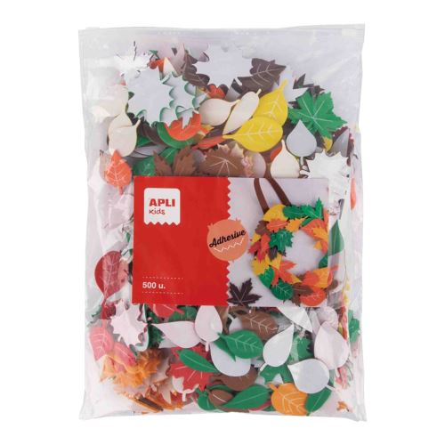 APLI pěnovka tvarová - listy, Jumbo pack, 500 ks, samolepicí, mix tvarů a barev