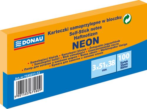 DONAU samolepicí bloček, 51 x 38 mm, 3 x 100 listů, neonově oranžový