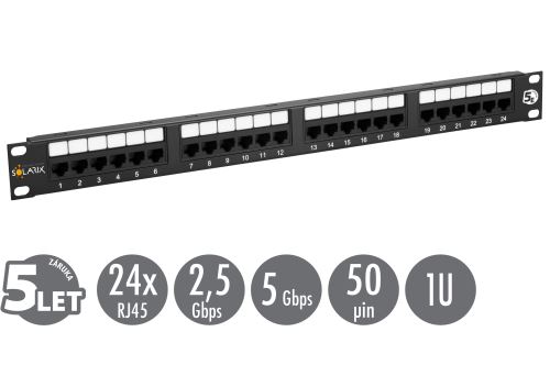 19" Patch panel Solarix 24xRJ45 CAT5E UTP černý 150MHz