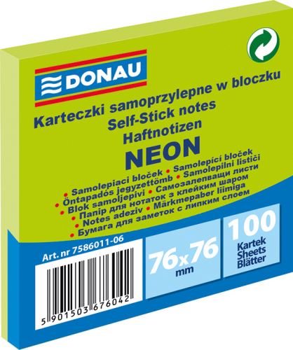 DONAU samolepicí bloček, 76 x 76 mm, 100 listů, neonově zelený