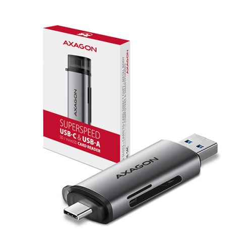 AXAGON CRE-SAC, USB3.2 Gen 1 Type-C + Type-A externí čtečka karet SD/microSD, podpora UHS-