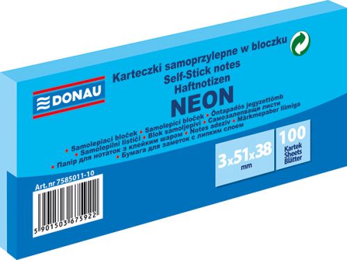 DONAU samolepicí bloček, 51 x 38 mm, 3 x 100 listů, neonově modrý