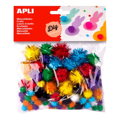 APLI POM - POM kuličky se třpytkami, 78 ks, mix velikostí a barev