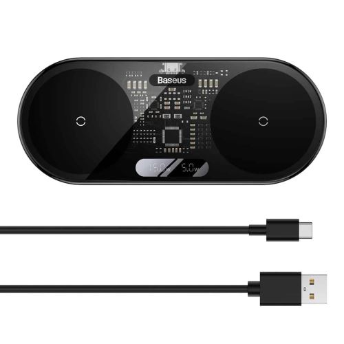 Baseus WXSX010101 LED Display 2in1 Bezdrátová Nabíječka 20W (s USB-C Kabelem 1m Black) Bla