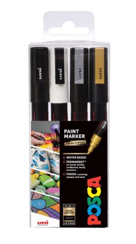 UNI POSCA PC-3M 0,9 - 1,3 mm SADA 4 ks černá, bílá, zlatá, stříbrná