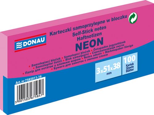 DONAU samolepicí bloček, 51 x 38 mm, 3 x 100 listů, neonově růžový