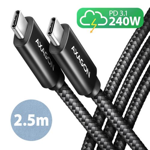 AXAGON BUCM2-CM25AB, CHARGE kabel USB-C <-> USB-C, 2.5m, Hi-Speed USB, PD 240W 5A, ALU, op