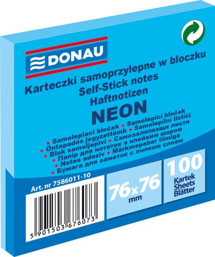 DONAU samolepicí bloček, 76 x 76 mm, 100 listů, neonově modrý