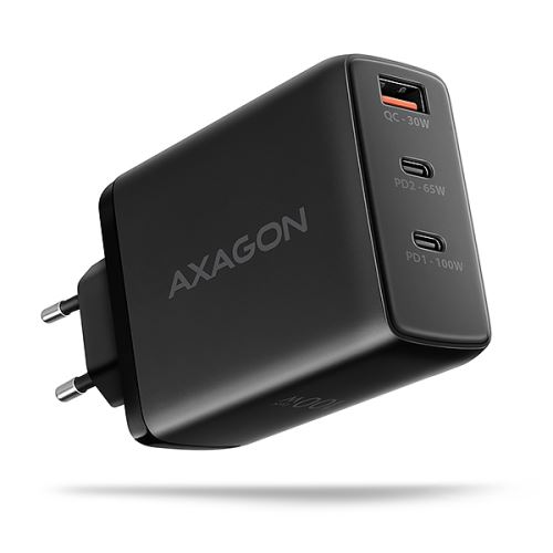AXAGON ACU-DPQ100, GaN nabíječka do sítě 100W, 3x port (USB-A + dual USB-C), PD3.0/PPS/QC4
