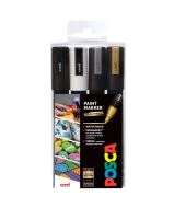 UNI POSCA PC-5M sada 4 ks, černá, bílá, zlatá, stříbrná